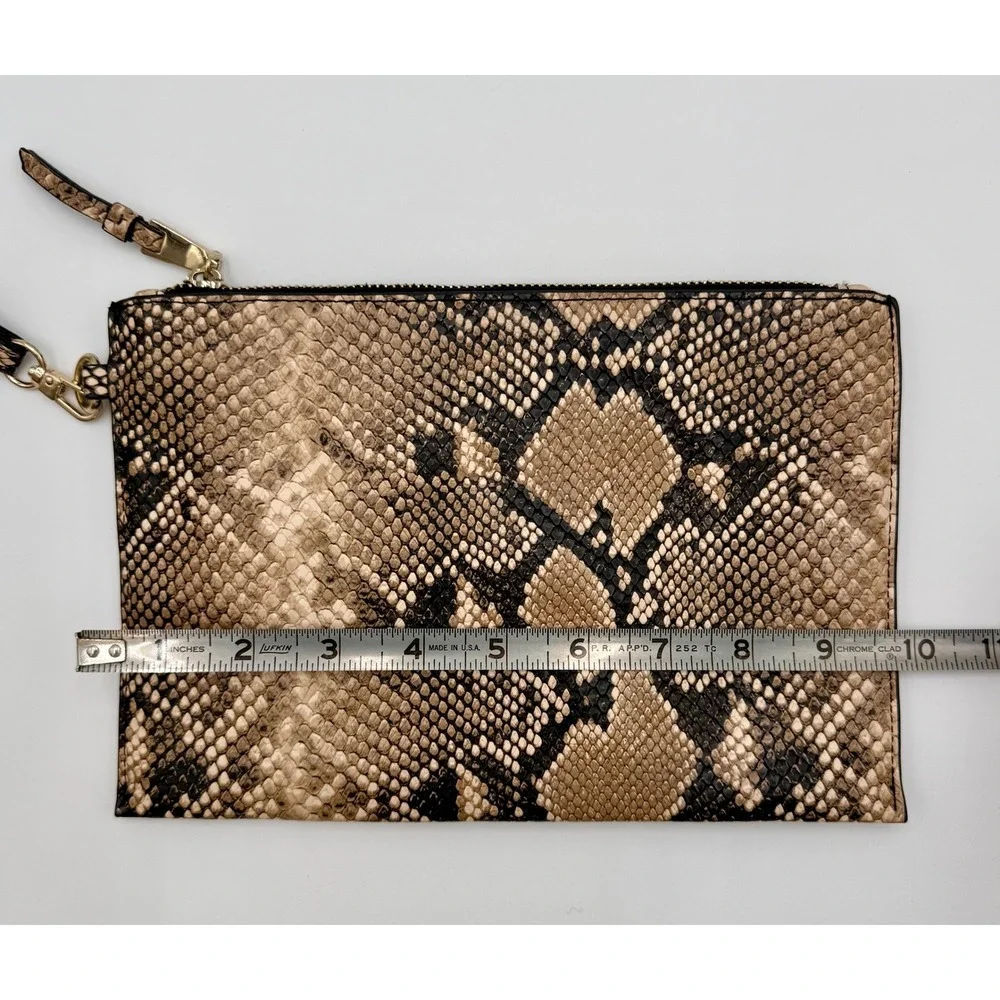 Snakeskin Print Wristlet Clutch Bag Brown Tan Faux Leather Zip Top Card Slots‎